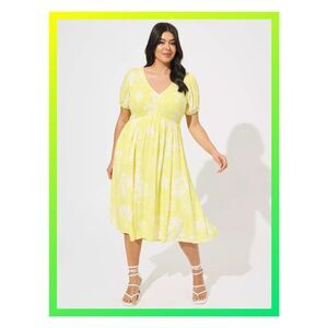 NWT Torrid 3X Emma Floral Yellow + White Midi Swiss Dot Shirred Dress Size 22-24